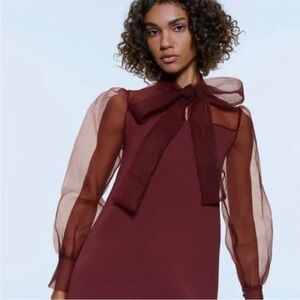 ZARA Bordeaux Organza High Bow Guest Party Blogger Favorite Knit Mini Dress SZ M